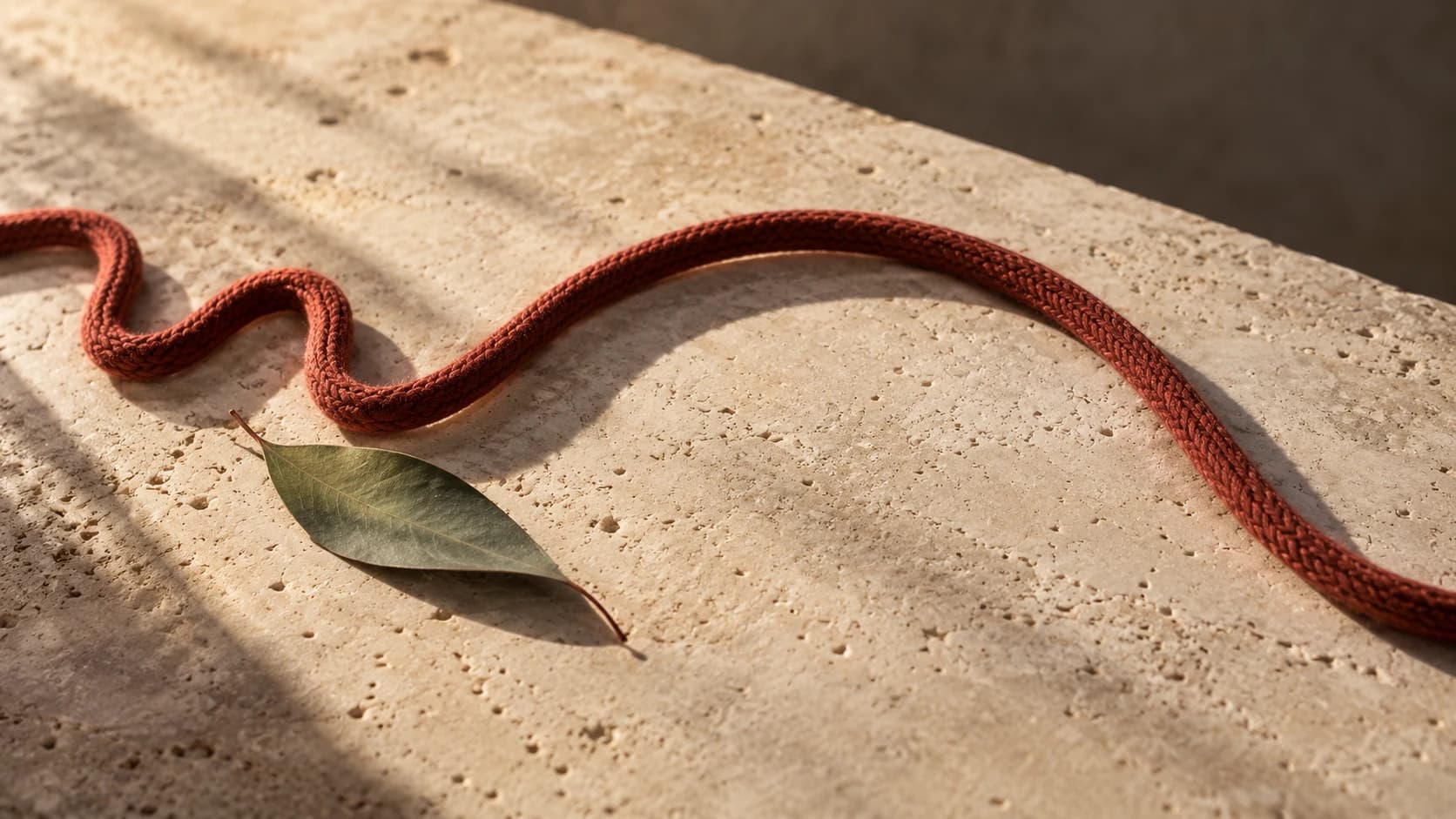 A terracotta rope finding a smooth curve on sunlit limestone, beside a eucalyptus leaf.